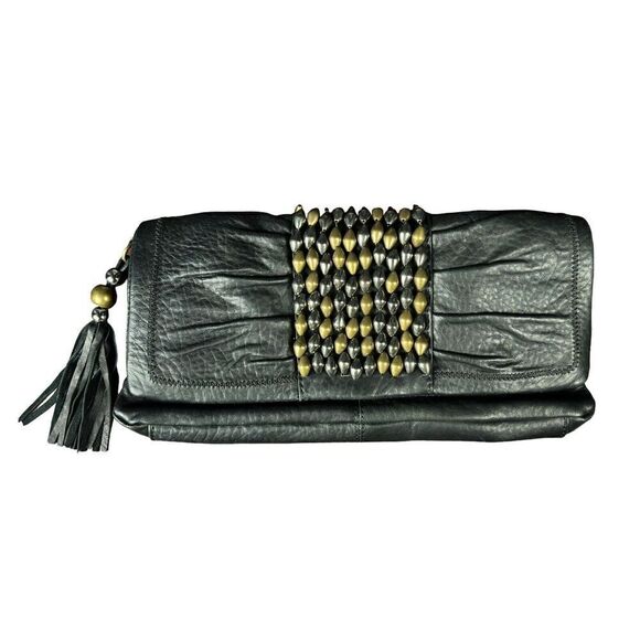 Vince Camuto Handbags - Vince Camuto Clutch Black Gold Metal Studded Tassel Leather Magnetic Purse